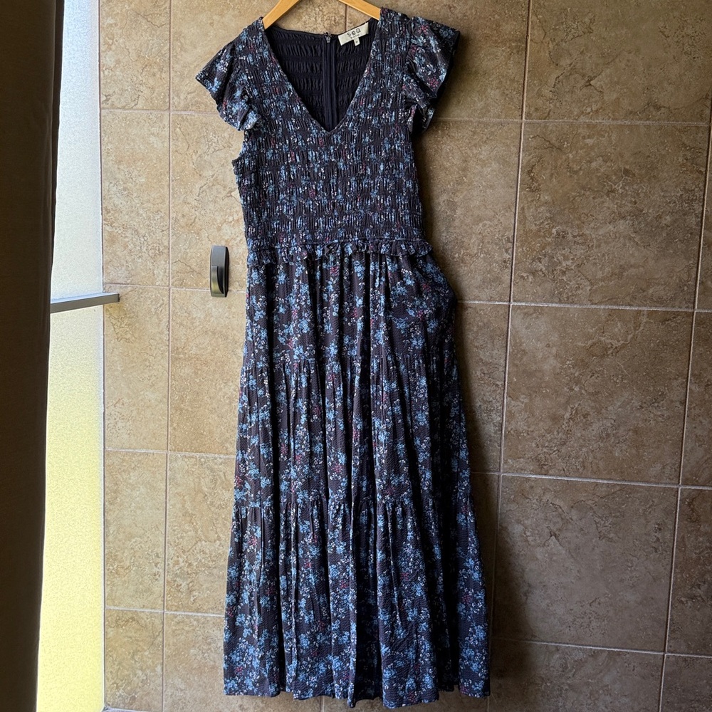 SEA NY Tilly Smocked Floral Tiered Midi Dress Pockets Flutter Sleeves Ruffle 10